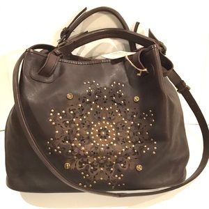 🆕 Platania Brown Italian Leather Large Satchel Slouchy Bag  Stud Details